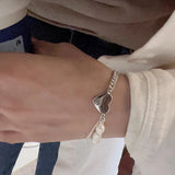 925 Silver Pearl Love Heart Bracelet Asymmetry Tassel Jewelry