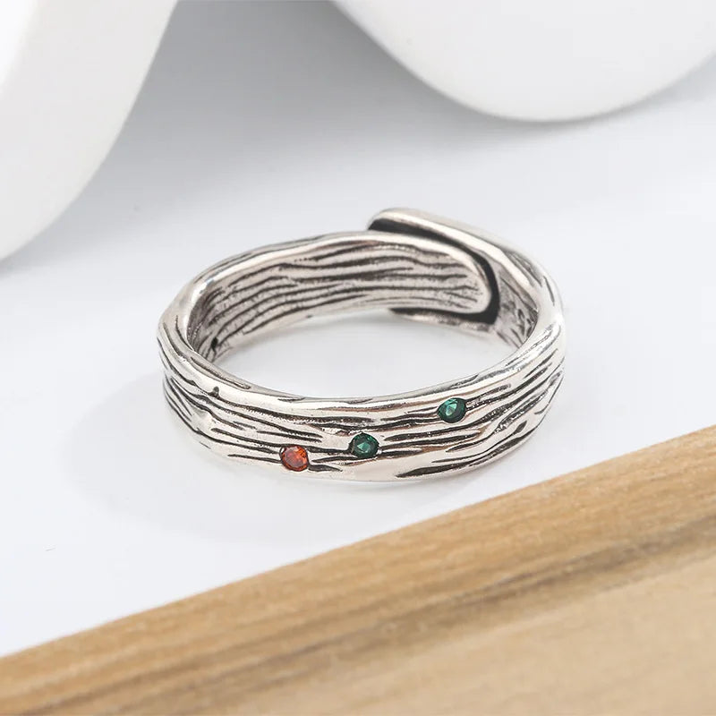 925 Silver Zircon Treeline Ring Retro Irregular Creativity Jewelry