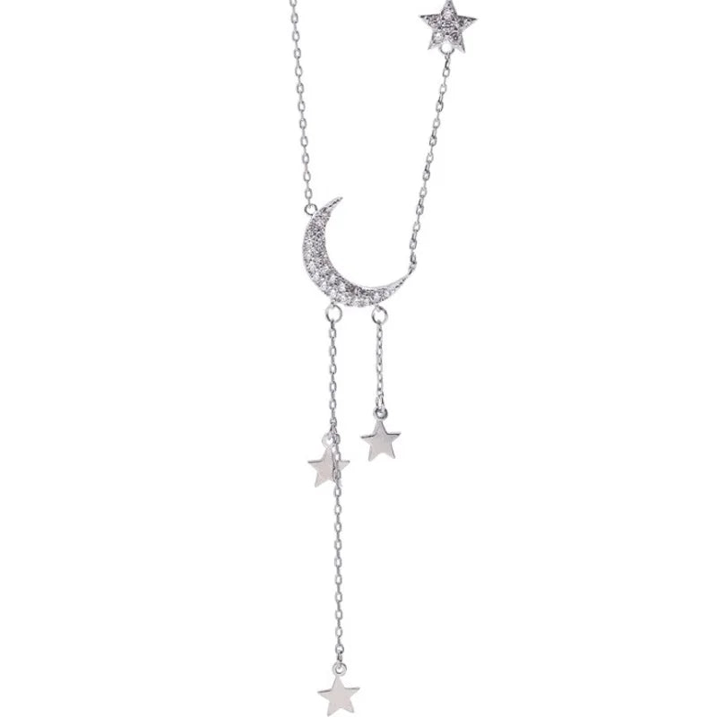 S925 Sterling Silver Stars Moon Tassel Necklace Feminine Clavicle Chain