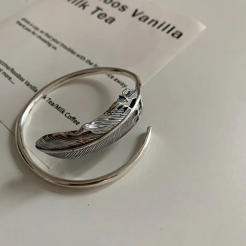 Silver Feather Cuff Bracelet Women Girl Gift Vintage Jewelry
