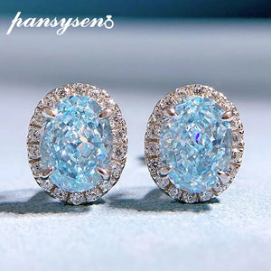 925 Silver 6x8MM Aquamarine Diamond Stud Earrings