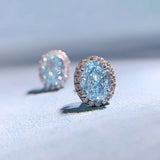 925 Silver 6x8MM Aquamarine Diamond Stud Earrings