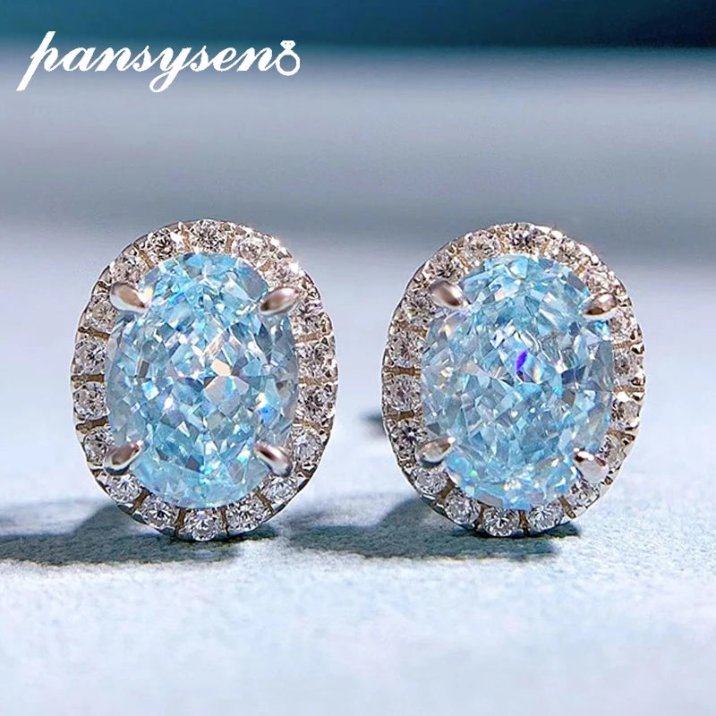 925 Silver 6x8MM Aquamarine Diamond Stud Earrings