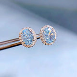 925 Silver 6x8MM Aquamarine Diamond Stud Earrings
