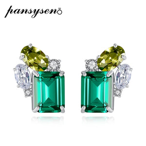 925 Silver Emerald Peridot Diamond Stud Earrings