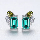 925 Silver Emerald Peridot Diamond Stud Earrings