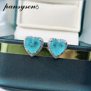 925 Silver Heart Paraiba Tourmaline Diamond Stud Earrings