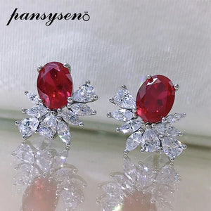 925 Silver Oval Ruby Sapphire Diamond Stud Earrings Women Vintage Jewelry