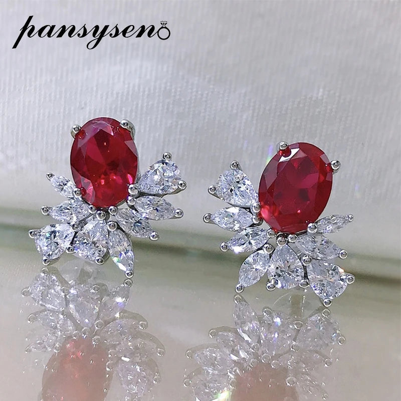 925 Silver Oval Ruby Sapphire Diamond Stud Earrings Women Vintage Jewelry
