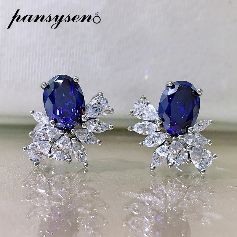 925 Silver Oval Ruby Sapphire Diamond Stud Earrings Women Vintage Jewelry