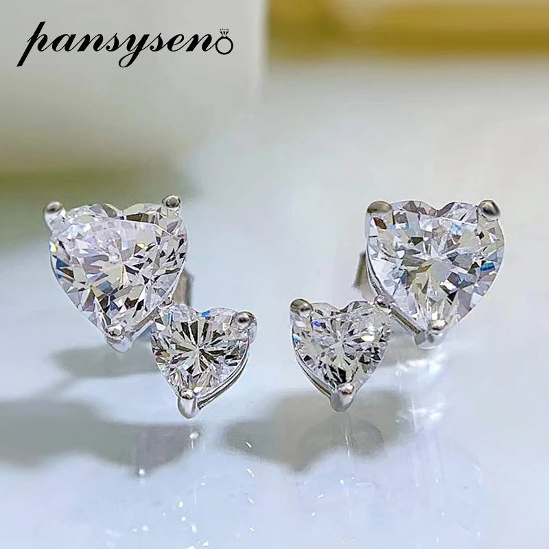 Heart Diamond Stud Earrings 925 Silver Women's Fine Jewelry