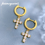 925 Silver Diamond Cross Dangle Earrings 18K Yellow Plated