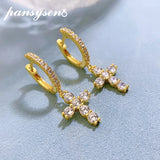925 Silver Diamond Cross Dangle Earrings 18K Yellow Plated