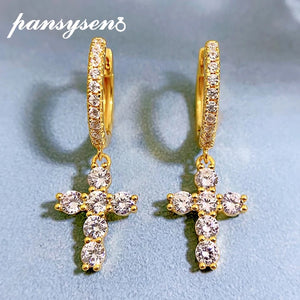 925 Silver Diamond Cross Dangle Earrings 18K Yellow Plated