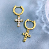 925 Silver Diamond Cross Dangle Earrings 18K Yellow Plated