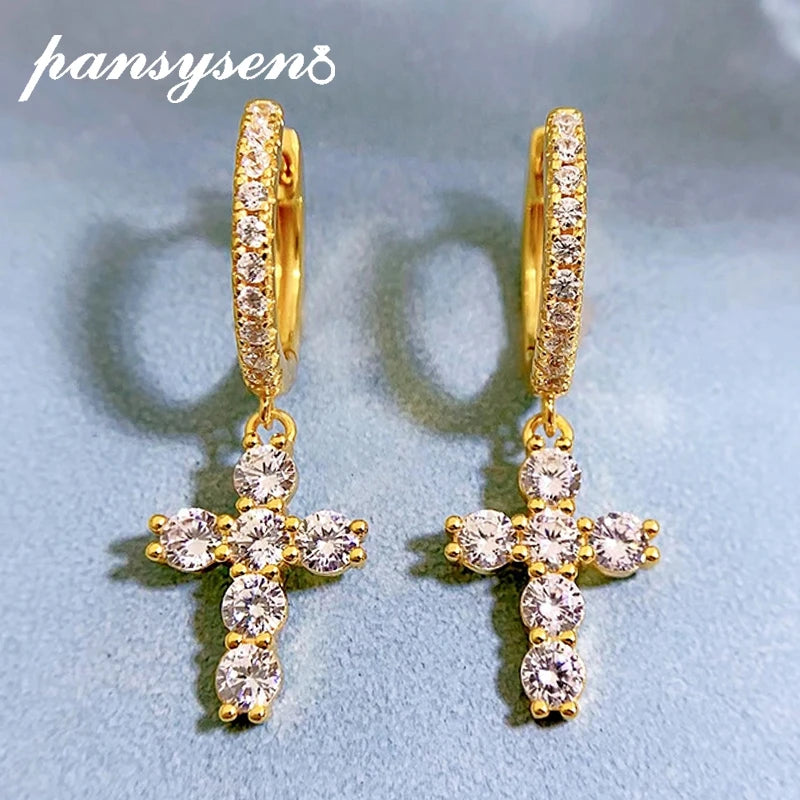 925 Silver Diamond Cross Dangle Earrings 18K Yellow Plated