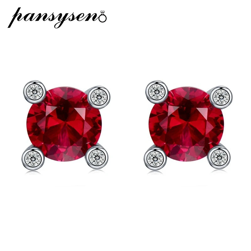Solid Silver 925 1CT Round Red Ruby Stud Earrings Wedding Party Jewelry