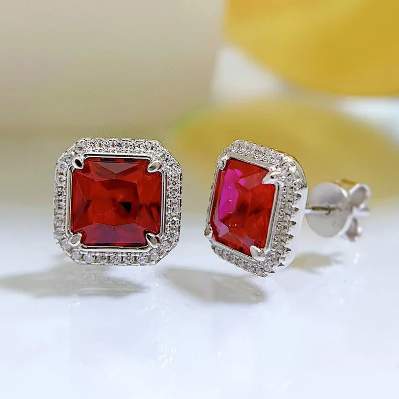 925 Silver 7MM Red Ruby Ear Stud Earrings Wedding Party Jewelry