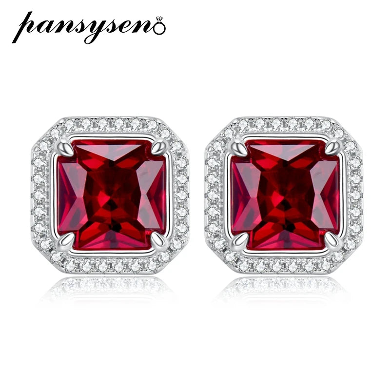 925 Silver 7MM Red Ruby Ear Stud Earrings Wedding Party Jewelry