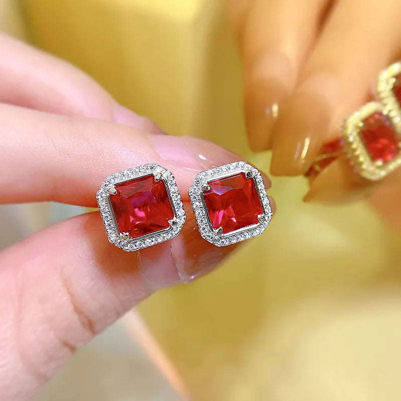 925 Silver 7MM Red Ruby Ear Stud Earrings Wedding Party Jewelry