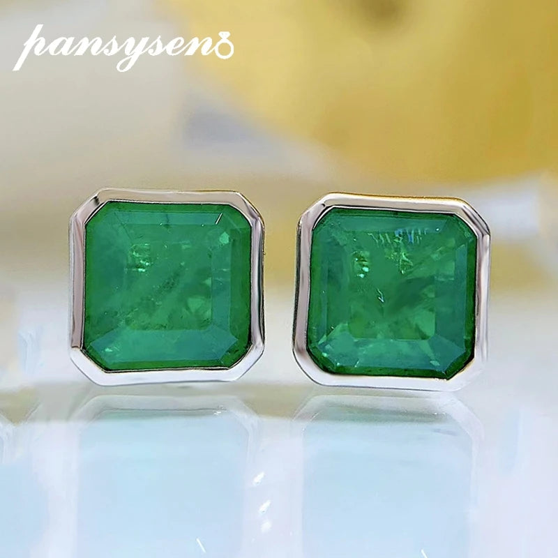 925 Silver Square 3CT Emerald Ear Stud Earrings Fine Jewelry