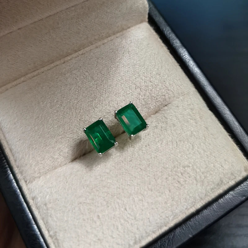 Vintage 925 Sterling Silver Emerald Gemstone Stud Earrings for Women