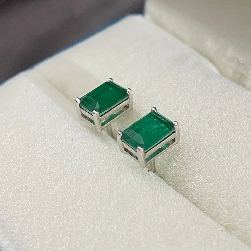 Vintage 925 Sterling Silver Emerald Gemstone Stud Earrings for Women