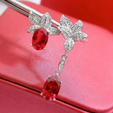 Vintage Silver 925 Ruby Diamond Drop Earrings Wedding Gift