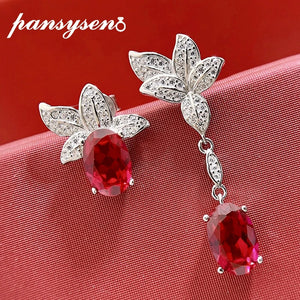 Vintage Silver 925 Ruby Diamond Drop Earrings Wedding Gift