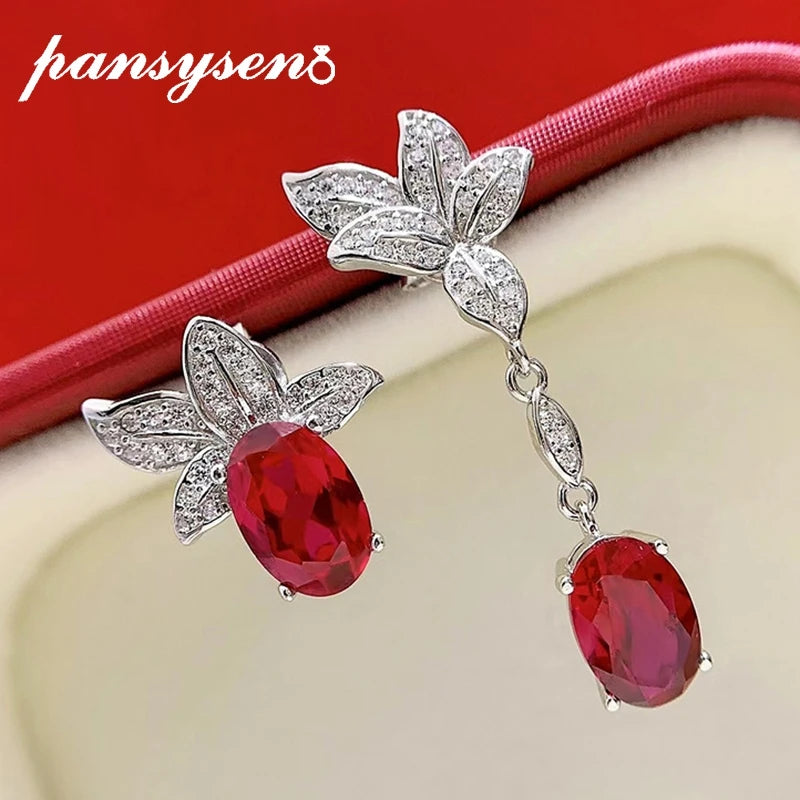Vintage Silver 925 Ruby Diamond Drop Earrings Wedding Gift