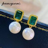 Vintage 925 Silver Emerald Pearl Drop Earrings for Women