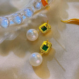Vintage 925 Silver Emerald Pearl Drop Earrings for Women