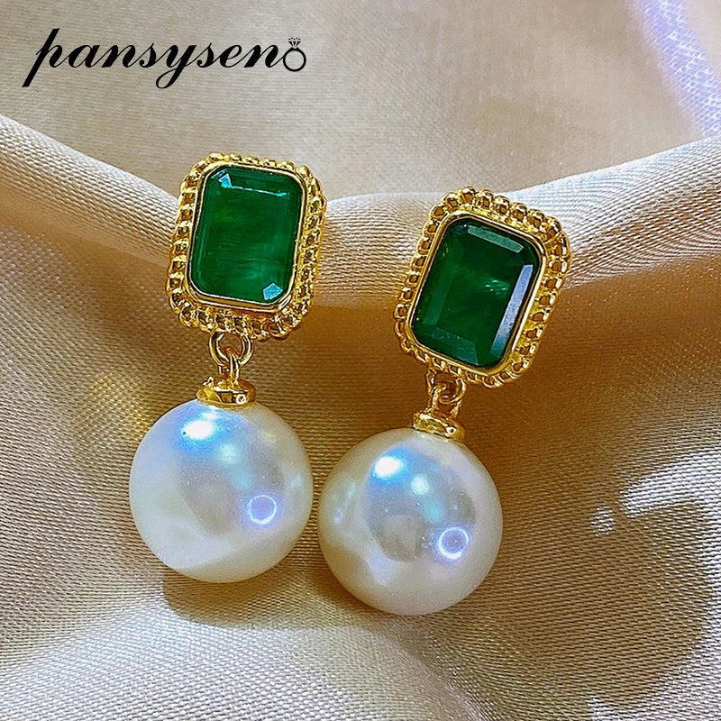 Vintage 925 Silver Emerald Pearl Drop Earrings for Women