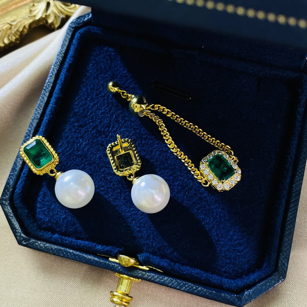 Vintage 925 Silver Emerald Pearl Drop Earrings for Women