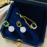 Vintage 925 Silver Emerald Pearl Drop Earrings for Women