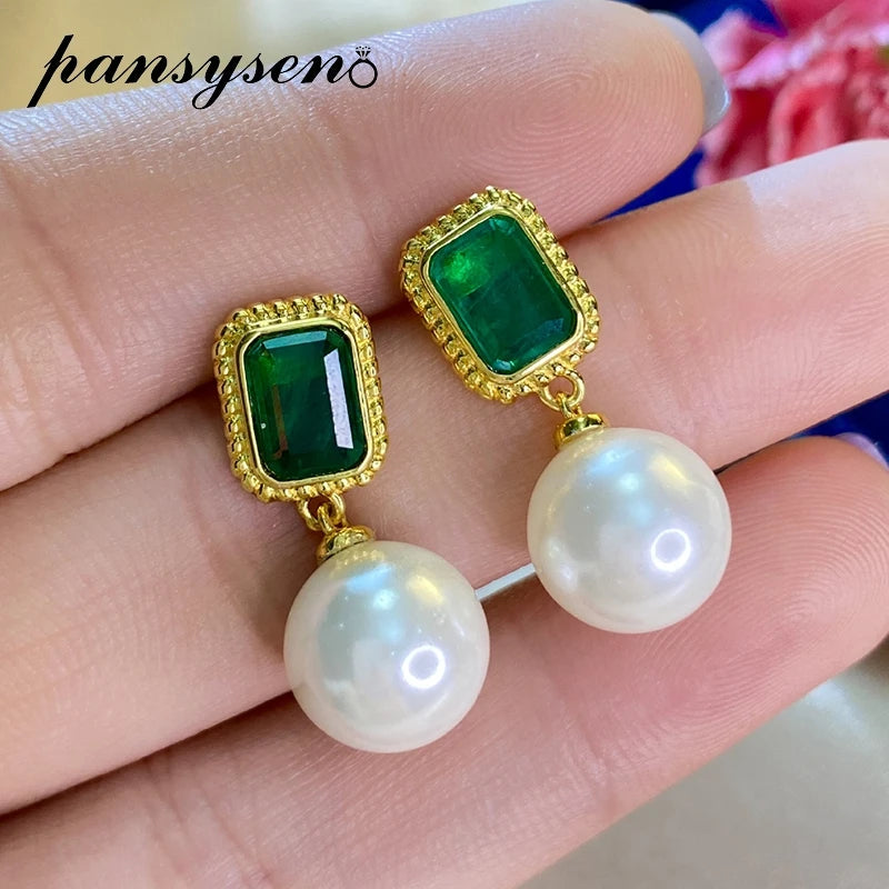 Vintage 925 Silver Emerald Pearl Drop Earrings for Women