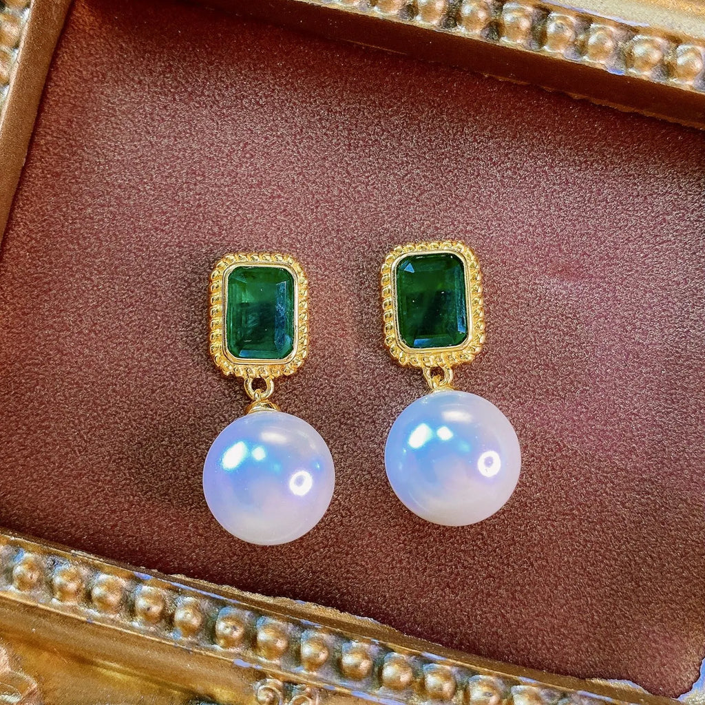 Vintage 925 Silver Emerald Pearl Drop Earrings for Women