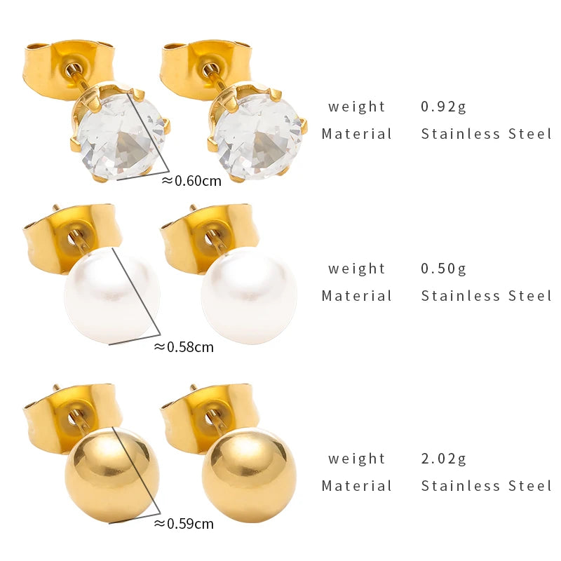 3PC Pearl CZ Stainless Steel Stud Earrings Set for Women Waterproof