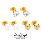 3PC Pearl CZ Stainless Steel Stud Earrings Set for Women Waterproof