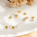 3PC Pearl CZ Stainless Steel Stud Earrings Set for Women Waterproof