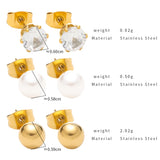 3PC Pearl CZ Stainless Steel Stud Earrings Set for Women Waterproof