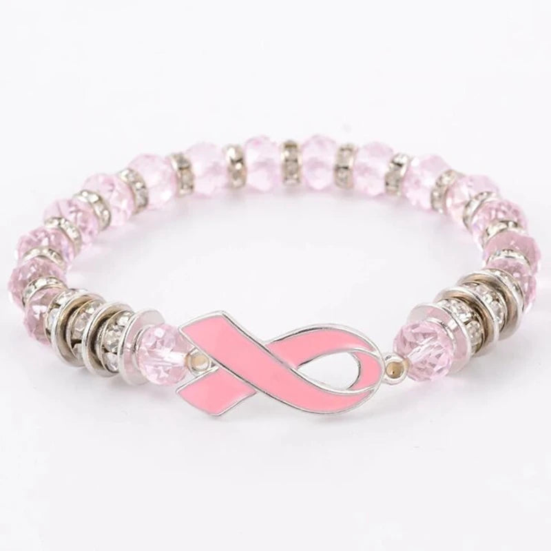 Breast Cancer Pink Ribbon Crystal Beaded Bracelet