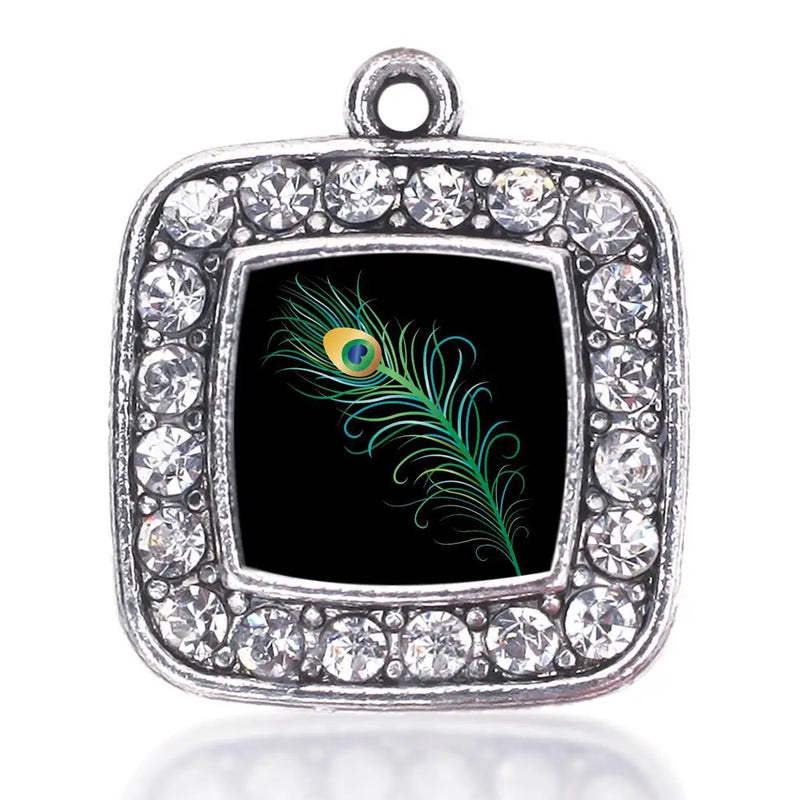 Peacock Feather Square Charm Silver Plated Jewelry