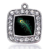 Peacock Feather Square Charm Silver Plated Jewelry
