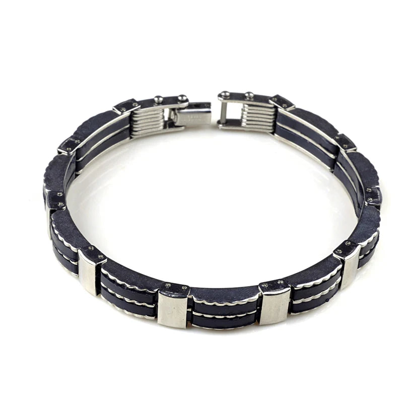PINKSEE Men Steel Link Chain Bracelet Biker Wristband Silicone Gift