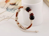 PK0426 Wood Bead Bracelet Leather Rope Men