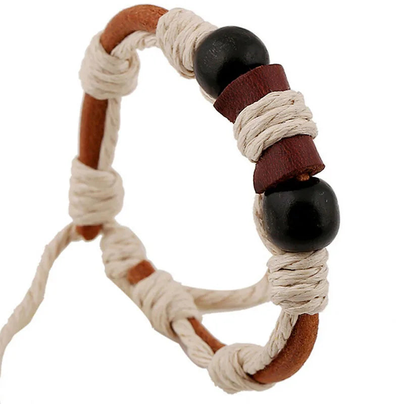 PK0426 Wood Bead Bracelet Leather Rope Men