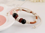 PK0426 Wood Bead Bracelet Leather Rope Men