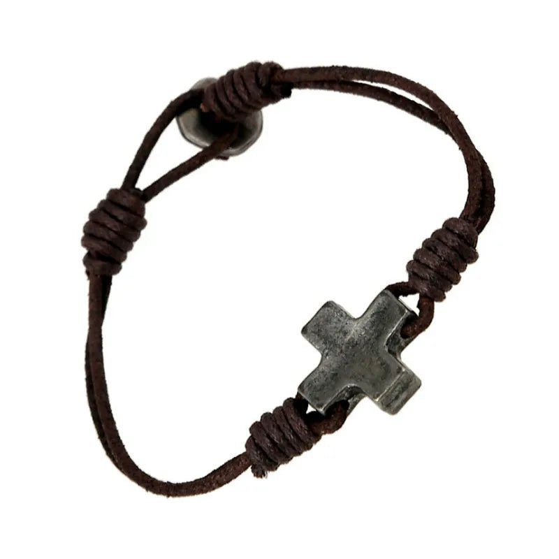 PK0436 Men Knots Cord Leather Bracelet with Cross