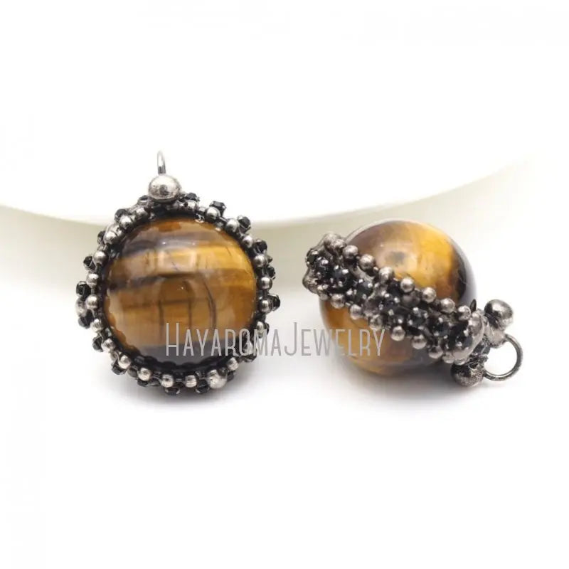 Antique Tiger Ball Soldered Pendant Antique Silver Plated Tiger Eye Stone
